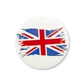 Close-up of a round tinplate badge featuring a vintage distressed UK Union Jack flag design - Vintage Distressed Flag Style (Style 3) / 58mm