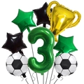 Macro shot of champion trophy and football foil balloons for a 3rd birthday party decor - Number 3 Style (足球冠军奖杯3)