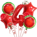 Détail de ballons d'anniversaire pastèque avec un chiffre quatre rouge et des étoiles - Nombre 4 (Style Rouge Pastèque 4) / Rouge