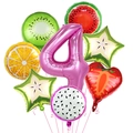 Detailed view of Hawaiian fruit-themed foil balloons including pink number 4 and kiwi slice - Fruit Theme (Number 4)