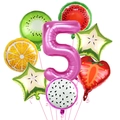 Set palloncini in alluminio frutta con numero 5 rosa per festa estiva in piscina - Numero 5 Tema Frutta Hawái
