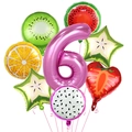 Dettaglio set palloncini frutta Hawaii con numero 6 rosa e nastro per feste di compleanno - Numero 6 Tema Frutta Hawái