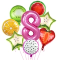 Dettaglio set palloncini frutta Hawaii con grande numero 8 rosa e fette di frutta - Numero 8 Tema Frutta Hawái