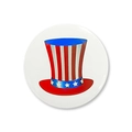 Detailed view of patriotic tinplate badge with Uncle Sam hat for Independence Day party - Uncle Sam Top Hat Style