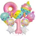 Detalle de globos de helado, dona y dulces en color macaron para decoración de primer cumpleaños - Tema de Rosquilla 1er Cumpleaños