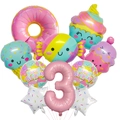 Set de globos de caramelos y helados con el número 3 rosa para decoración de cumpleaños - Tema de Rosquilla 3er Cumpleaños