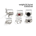 Detail view of 6-piece vintage silver ring set with size specs and retro star patterns - Combination Style (06695) / Antique Silver (White K-06695)