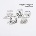 Size chart for 5-piece silver star ring set with weight and diameter specifications - Antique Silver (06696)