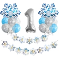 Detail-Set mit silbernem Nummer-1-Ballon und blauen Schneeflocken-Folienballons - Schneeflocken Banner Ballon Set 1 (xh001)