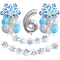 Close-up of frozen theme 6th birthday decoration set with blue snowflakes and silver number 6 - Snowflake Banner 6th Birthday Set