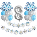 Blue and silver 8th birthday party set with snowflake balloons and Happy Birthday banner - Snowflake Banner 8th Birthday Set