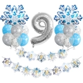 Blue and silver 9th birthday decor set with snowflake balloons and happy birthday banner - Snowflake Banner 9th Birthday Set