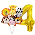 Detail view of safari animal balloon set with a large gold number 4 for birthday party - Number 4 Style (dw001)