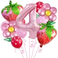 Detailset met aardbeienballonnen, bloemfolies en roze cijfer 4 voor een verjaardagsfeestje - Leeftijd Vier Aardbei Kit (Stijl Vier)