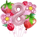 Details van roze cijfer 8, aardbei en bloem folieballonnen voor feestdecoratie - Leeftijd Acht Aardbei Kit (Stijl Acht)