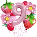 Detail van roze nummer 9 ballonset met aardbei- en bloemvormige folieballonnen - Leeftijd Negen Aardbei Kit (Stijl Negen)