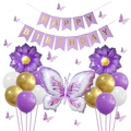 Set decorazione compleanno farfalla viola con palloncini girasole e striscione di auguri - Set di Banner Farfalla Viola