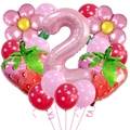 Erdbeer-Geburtstags-Ballonset mit Nummer 2 und rosa Blumen-Folienballons Deko - Erdbeer-Blumen- und Nummer-2-Form (Set 2)