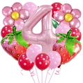 Detailaufnahme von Erdbeer- und Blumenballons mit rosa Nummer 4 für Kindergeburtstage - Erdbeer-Blumen- und Nummer-4-Form (Set 4)