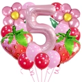 5th birthday strawberry balloon set with pink number 5 and floral foil decorations - Strawberry Flower and Number 5 Shape (Set 5)