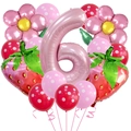 Detail of strawberry party balloon set with pink number 6 and polka dot latex balloons - Strawberry Flower and Number 6 Shape (Set 6)