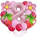 Pink number 8 foil balloon with strawberry and flower balloons for birthday party decor - Strawberry Flower and Number 8 Shape (Set 8)