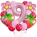 Detail of strawberry theme party balloons featuring a large pink number 9 and foil shapes - Strawberry Flower and Number 9 Shape (Set 9)