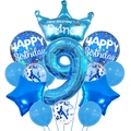 Close-up of blue number 9 balloon set with crown and confetti latex balloons for parties - Crown Blue Set - Number 9