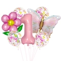 Dettaglio di palloncini farfalla e margherita con numero 1 rosa per primo compleanno - Set Margherita Farfalla 1