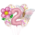 Dettaglio del set di palloncini numero 2 rosa con farfalla e coriandoli per compleanno - Set Margherita Farfalla 2