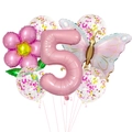 Pink daisy and butterfly party balloon set with number 5 for girl's birthday decoration - Butterfly Daisy Set 5