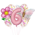 Pink number 6 balloon set with butterfly and flower for birthday party decorations - Butterfly Daisy Set 6