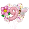 Detail of pink number 9, daisy, butterfly, and confetti balloons for birthday decor - Butterfly Daisy Set 9