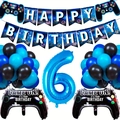 Blue and black video game themed 6th birthday party decoration set with controller balloons - Age 6 Style