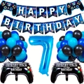 Blue game on themed 7th birthday party set with controller balloons and banners - Age 7 Style