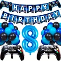 Blue Game On birthday party decor set with controller balloons and birthday banner - Age 8 Style