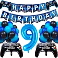 Detailed game on birthday party set with blue banners and number nine balloon - Age 9 Style