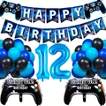 Détail du kit de 12e anniversaire bleu avec ballons manette de jeu et banderoles - Style Age 12