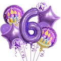 Détail des ballons d'anniversaire violets avec chiffre 6, étoiles et confettis - Ensemble d'anniversaire violet 6