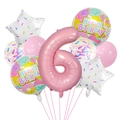 Detailed components of a pink candy-themed 6th birthday balloon set with star and donut motifs - Candy Theme 6th Birthday Set
