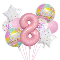 Detail of pink number 8 balloon set with sweet dessert patterns for birthday party decor - Candy Theme 8th Birthday Set