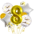 Detailed set of 32 inch gold number 8 foil balloon with star and confetti decorations - Number 8 Style (Gold Birthday Balloon Set 8)
