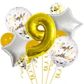 Detail of golden number 9 foil balloon set with white happy birthday round balloons - Number 9 Style (Gold Birthday Balloon Set 9)