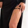 Bohemian gold leg chain with sparkling rhinestones and elastic black thigh band - Gold (0193)