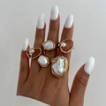 Five-piece gold ring set featuring baroque irregular pearls and textured metal finish - French Retro Texture Style (06771)
