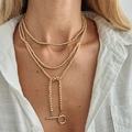 Layered gold beaded Y-necklace for women with classic metal toggle clasp and polished finish - Multi-layer Round Bead Toggle Clasp Style (7452) / Gold