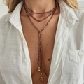 Detail of bohemian long Y-necklace featuring brown square beads and golden teardrop pendants - Square Bead Water Drop Pendant Style (7455) / Brown