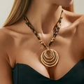 Multi-layer gold nested ring pendant necklace with leopard print fabric cord for women - Golden Multi-layer Rings Style (7434K4)