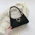 Black felt hobo bag with V-shaped quilting and a large gold square buckle - Black