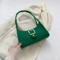 Deep green baguette underarm bag in quilted wool with a decorative gold square buckle - Green